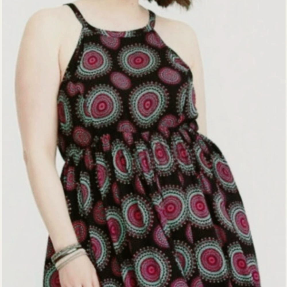 Torrid Black Halter High-Low Dress with Pink & Teal Medallions Size 2X